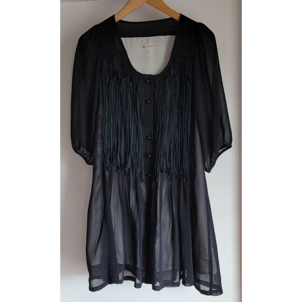 LAFER Women's Black Mini Dress Whimsigoth Front Button Semi Sheer Pleated Front
